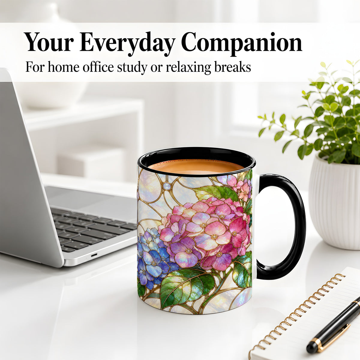 #pl[11oz|Black] Stained Glass Style Hydrangea Accent Mug, Ceramic Mug with Floral Art