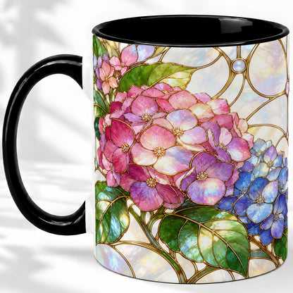#pl[11oz|Black] Stained Glass Style Hydrangea Accent Mug, Ceramic Mug with Floral Art