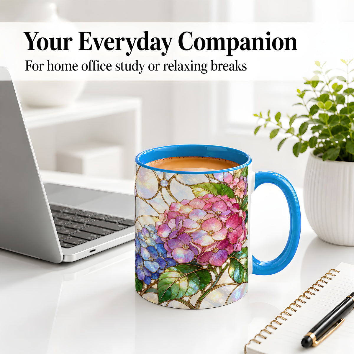 #pl[11oz|Blue] Stained Glass Style Hydrangea Accent Mug, Ceramic Mug with Floral Art