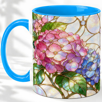 #pl[11oz|Blue] Stained Glass Style Hydrangea Accent Mug, Ceramic Mug with Floral Art
