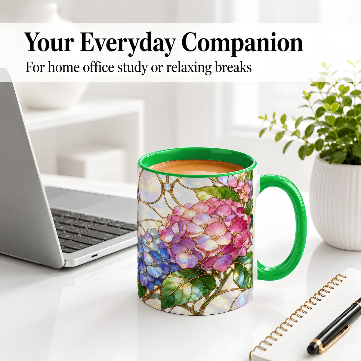 #pl[11oz|Green] Stained Glass Style Hydrangea Accent Mug, Ceramic Mug with Floral Art