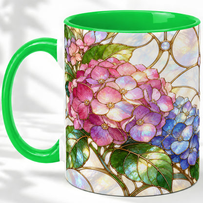 #pl[11oz|Green] Stained Glass Style Hydrangea Accent Mug, Ceramic Mug with Floral Art