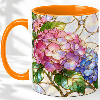 #pl[11oz|Orange] Stained Glass Style Hydrangea Accent Mug, Ceramic Mug with Floral Art