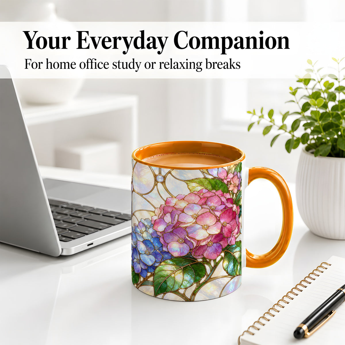 #pl[11oz|Orange] Stained Glass Style Hydrangea Accent Mug, Ceramic Mug with Floral Art