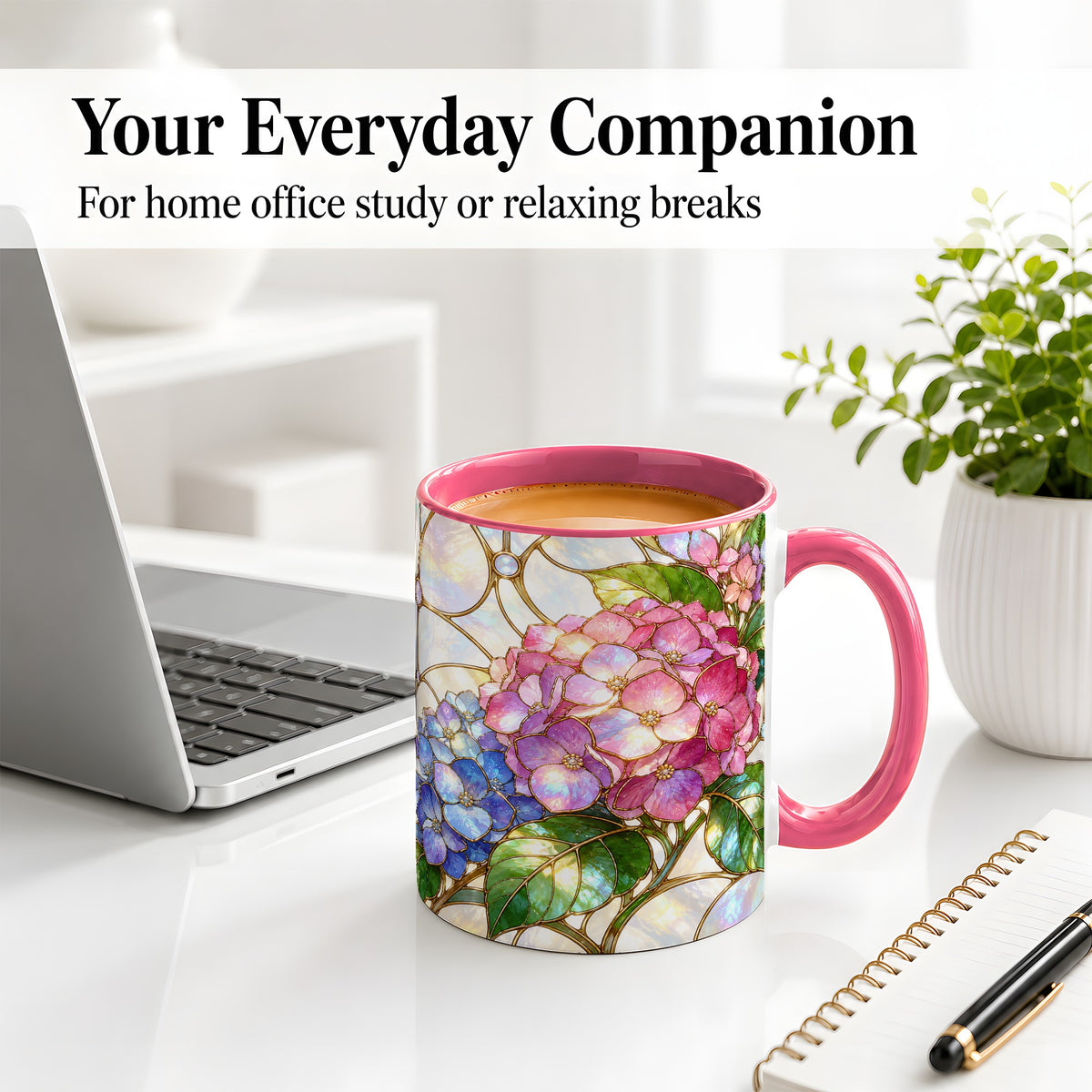 #pl[11oz|Pink] Stained Glass Style Hydrangea Accent Mug, Ceramic Mug with Floral Art