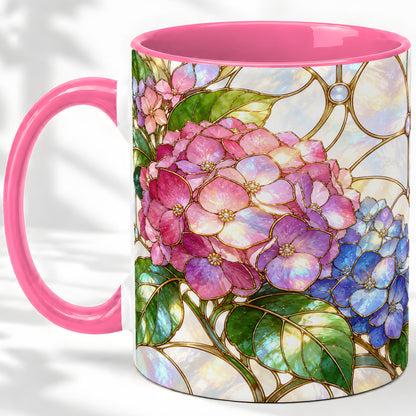 #pl[11oz|Pink] Stained Glass Style Hydrangea Accent Mug, Ceramic Mug with Floral Art