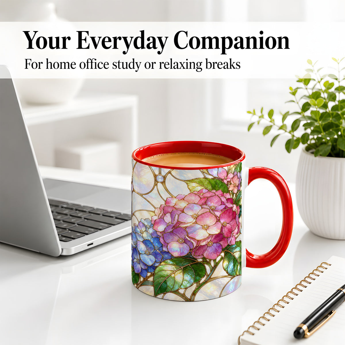 #pl[11oz|Red] Stained Glass Style Hydrangea Accent Mug, Ceramic Mug with Floral Art