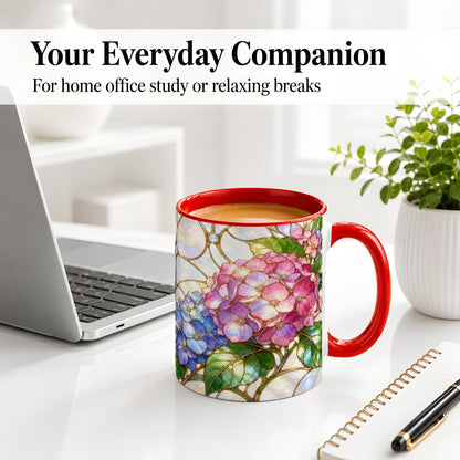 #pl[11oz|Red] Stained Glass Style Hydrangea Accent Mug, Ceramic Mug with Floral Art