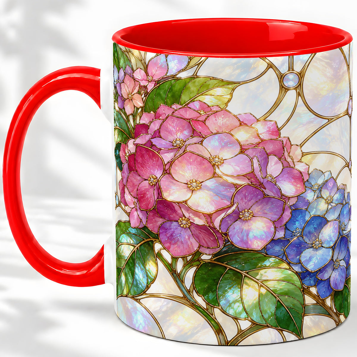 Stained Glass Style Hydrangea Accent Mug, Ceramic Mug with Floral Art