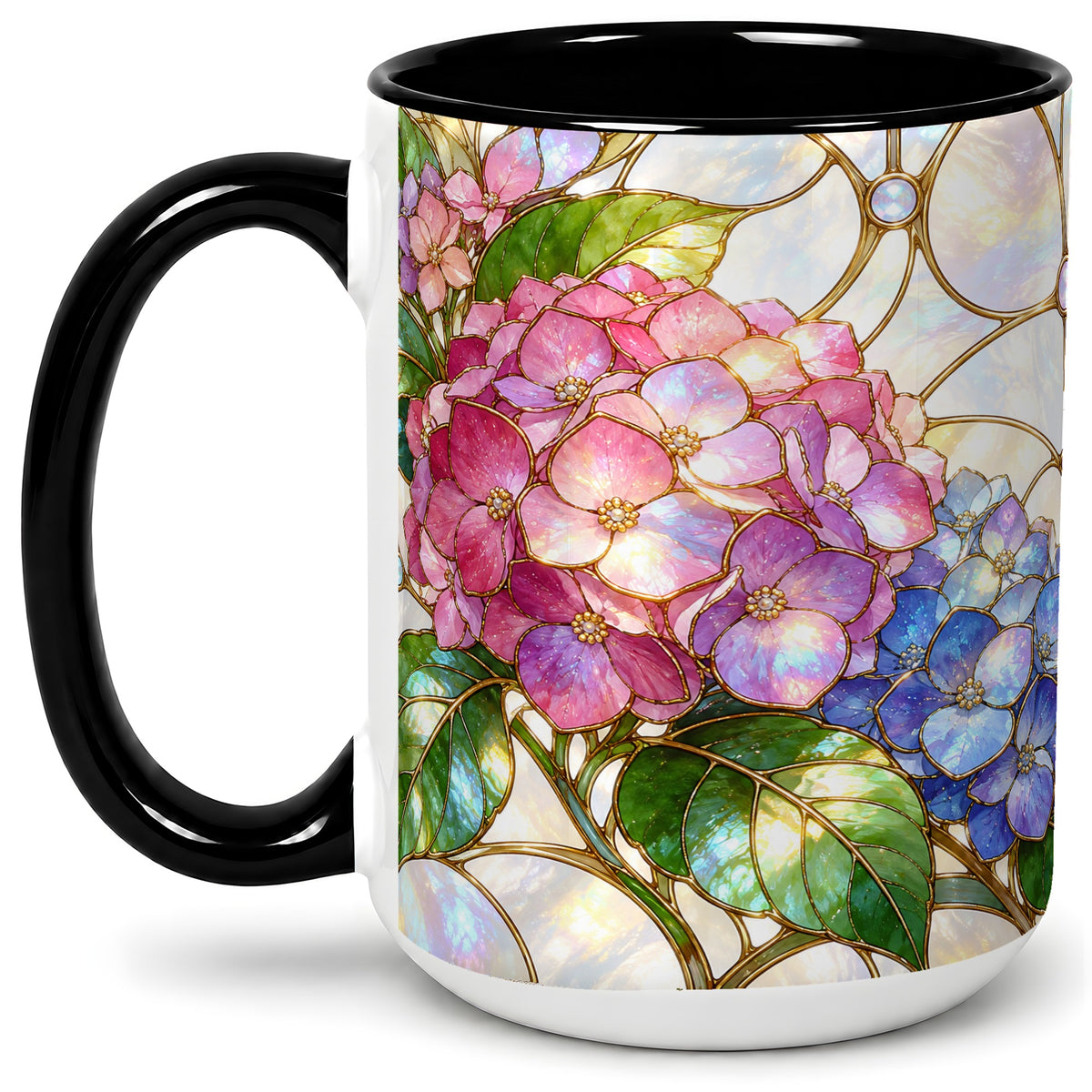 #pl[15oz|Black] Stained Glass Style Hydrangea Accent Mug, Ceramic Mug with Floral Art