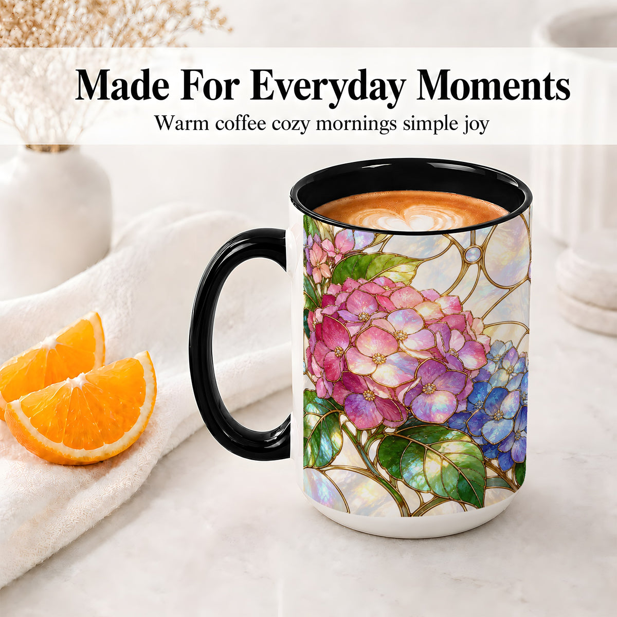 #pl[15oz|Black] Stained Glass Style Hydrangea Accent Mug, Ceramic Mug with Floral Art