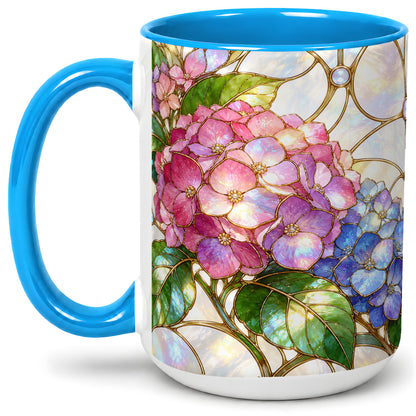 #pl[15oz|Blue] Stained Glass Style Hydrangea Accent Mug, Ceramic Mug with Floral Art