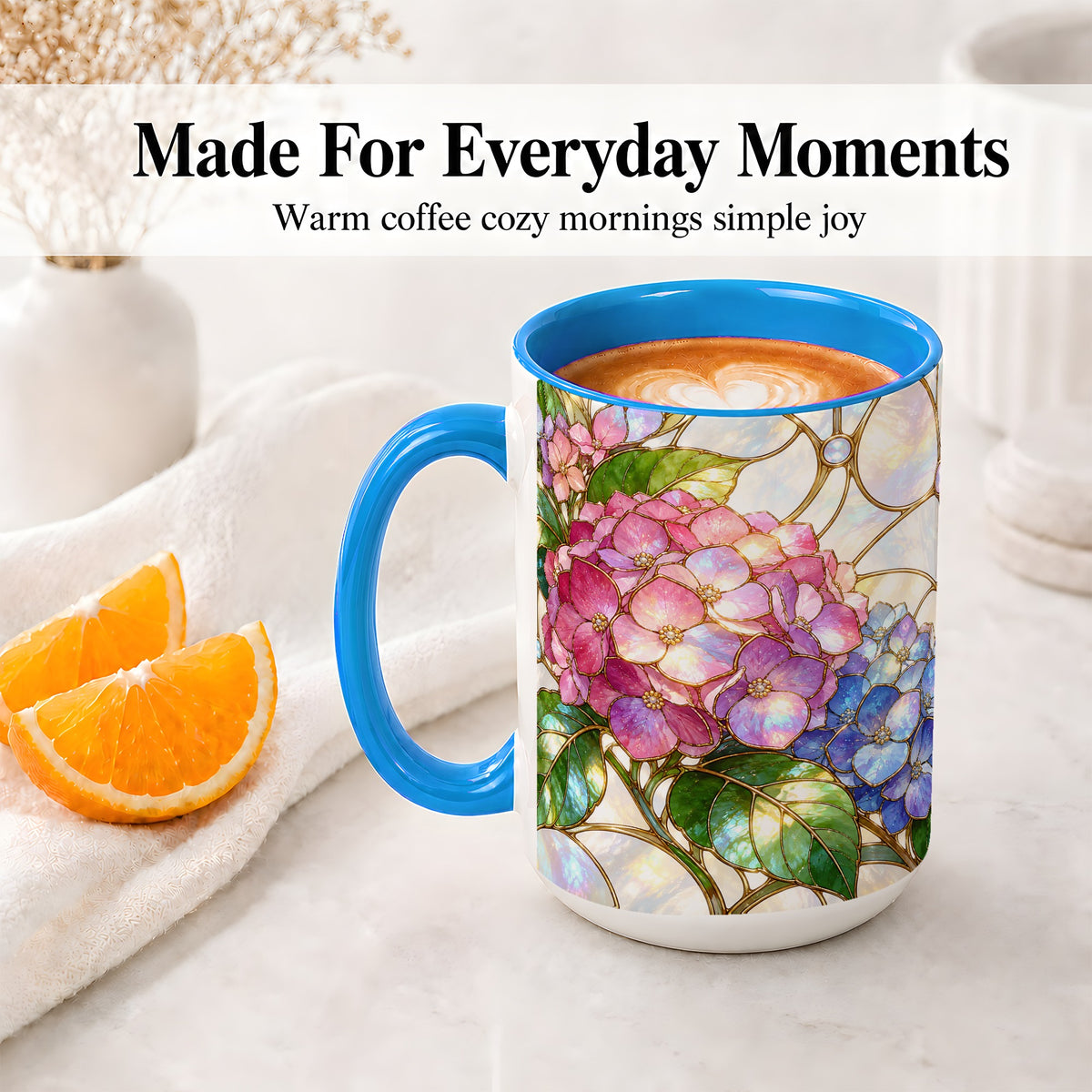 #pl[15oz|Blue] Stained Glass Style Hydrangea Accent Mug, Ceramic Mug with Floral Art