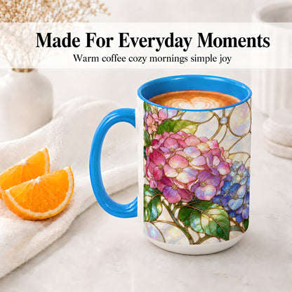#pl[15oz|Blue] Stained Glass Style Hydrangea Accent Mug, Ceramic Mug with Floral Art