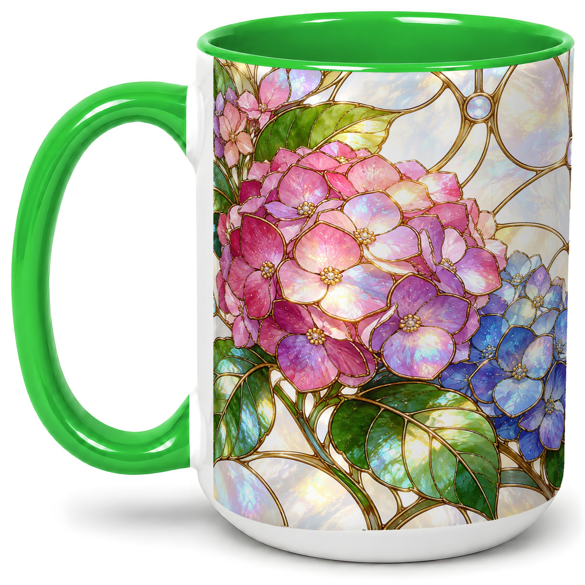 #pl[15oz|Green] Stained Glass Style Hydrangea Accent Mug, Ceramic Mug with Floral Art
