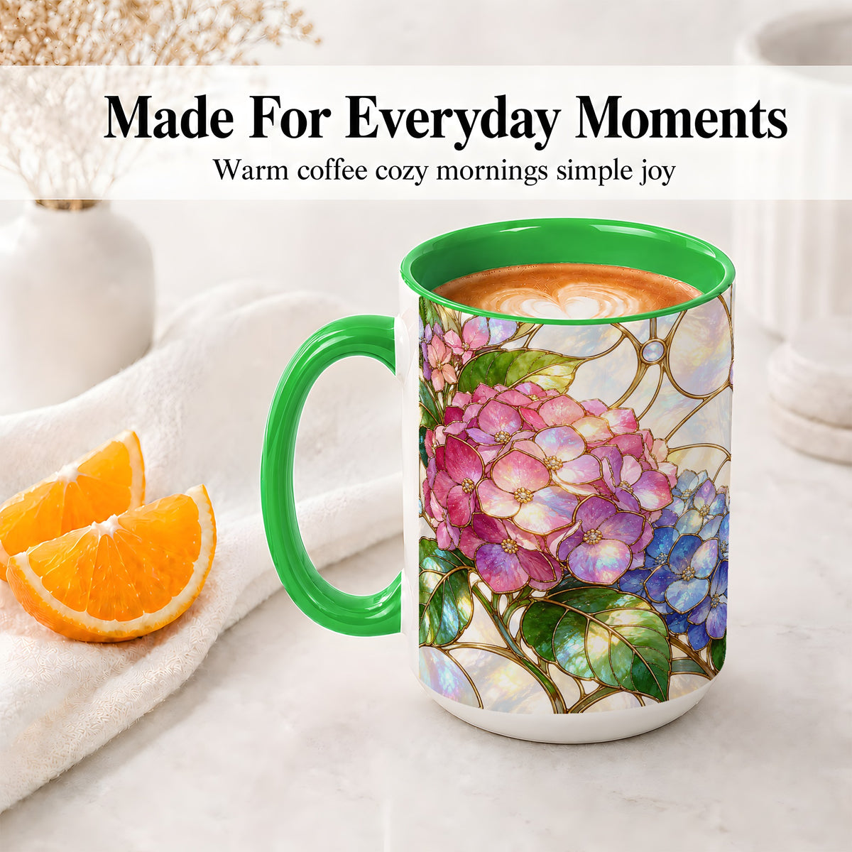 #pl[15oz|Green] Stained Glass Style Hydrangea Accent Mug, Ceramic Mug with Floral Art