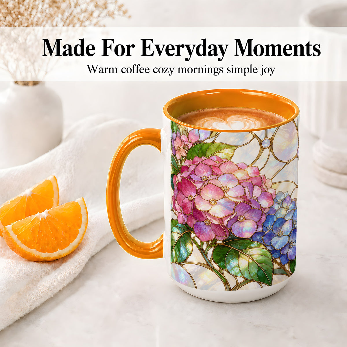 #pl[15oz|Orange] Stained Glass Style Hydrangea Accent Mug, Ceramic Mug with Floral Art