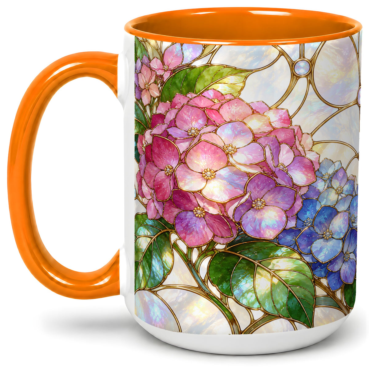 #pl[15oz|Orange] Stained Glass Style Hydrangea Accent Mug, Ceramic Mug with Floral Art