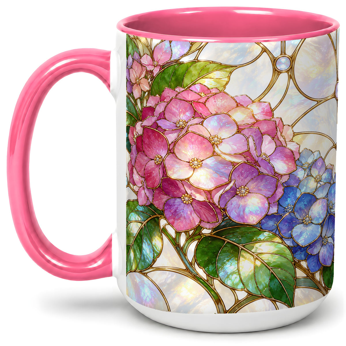 #pl[15oz|Pink] Stained Glass Style Hydrangea Accent Mug, Ceramic Mug with Floral Art