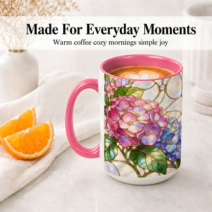 #pl[15oz|Pink] Stained Glass Style Hydrangea Accent Mug, Ceramic Mug with Floral Art