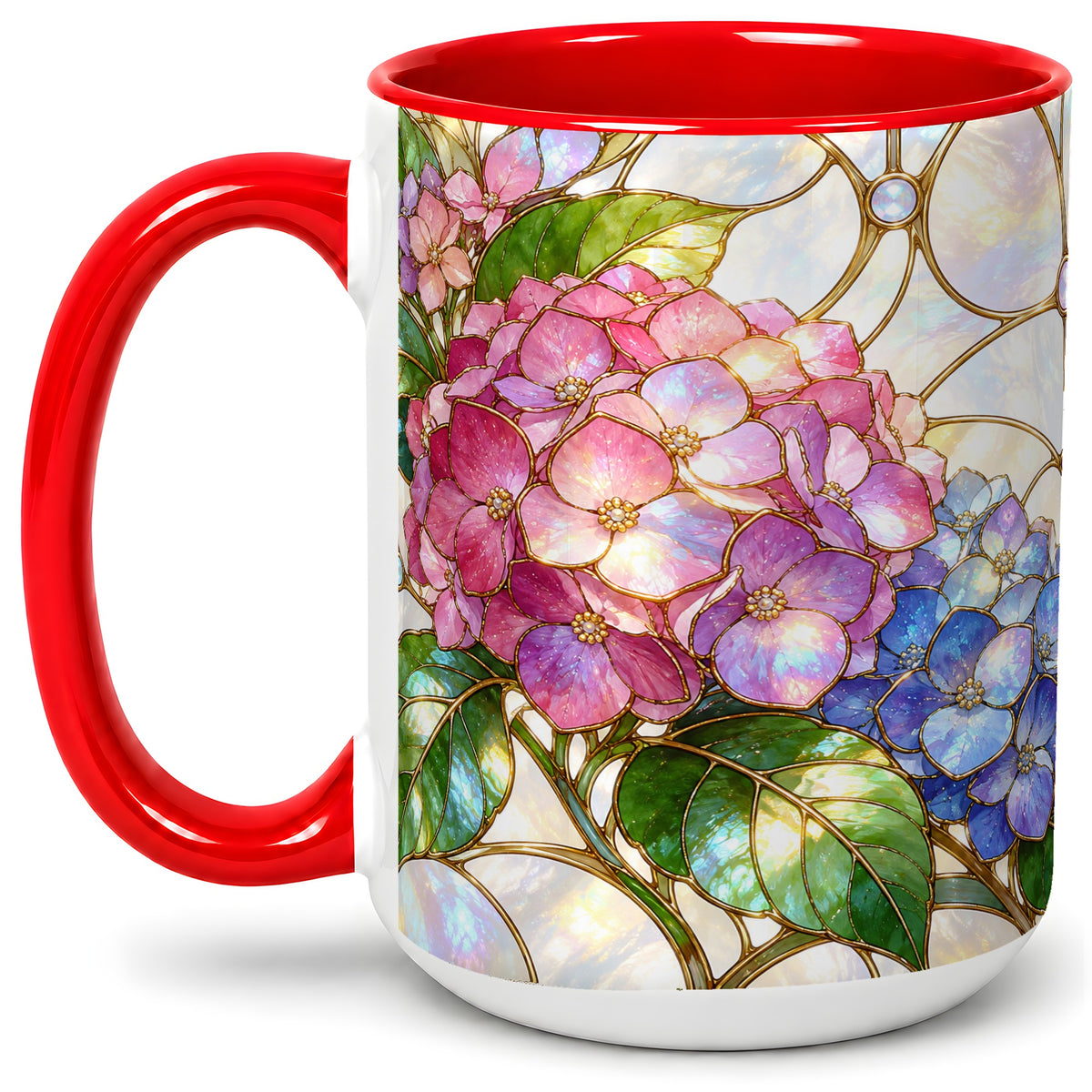 #pl[15oz|Red] Stained Glass Style Hydrangea Accent Mug, Ceramic Mug with Floral Art
