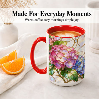 #pl[15oz|Red] Stained Glass Style Hydrangea Accent Mug, Ceramic Mug with Floral Art