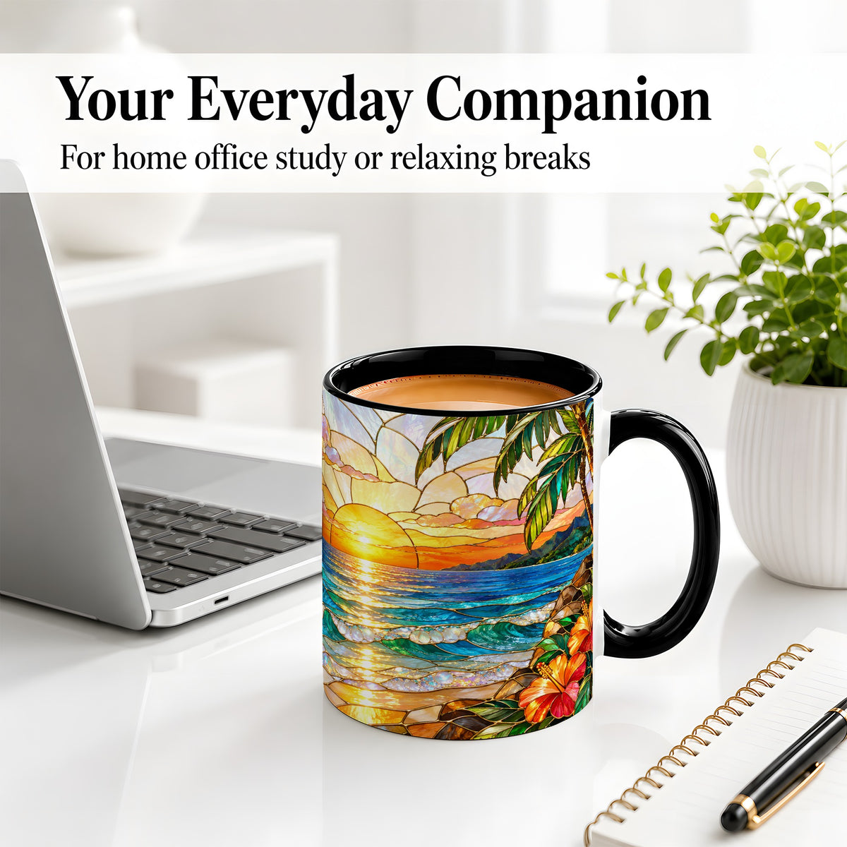 #pl[11oz|Black] Stained Glass Style Beach Sunset Accent Mug, Ceramic Mug