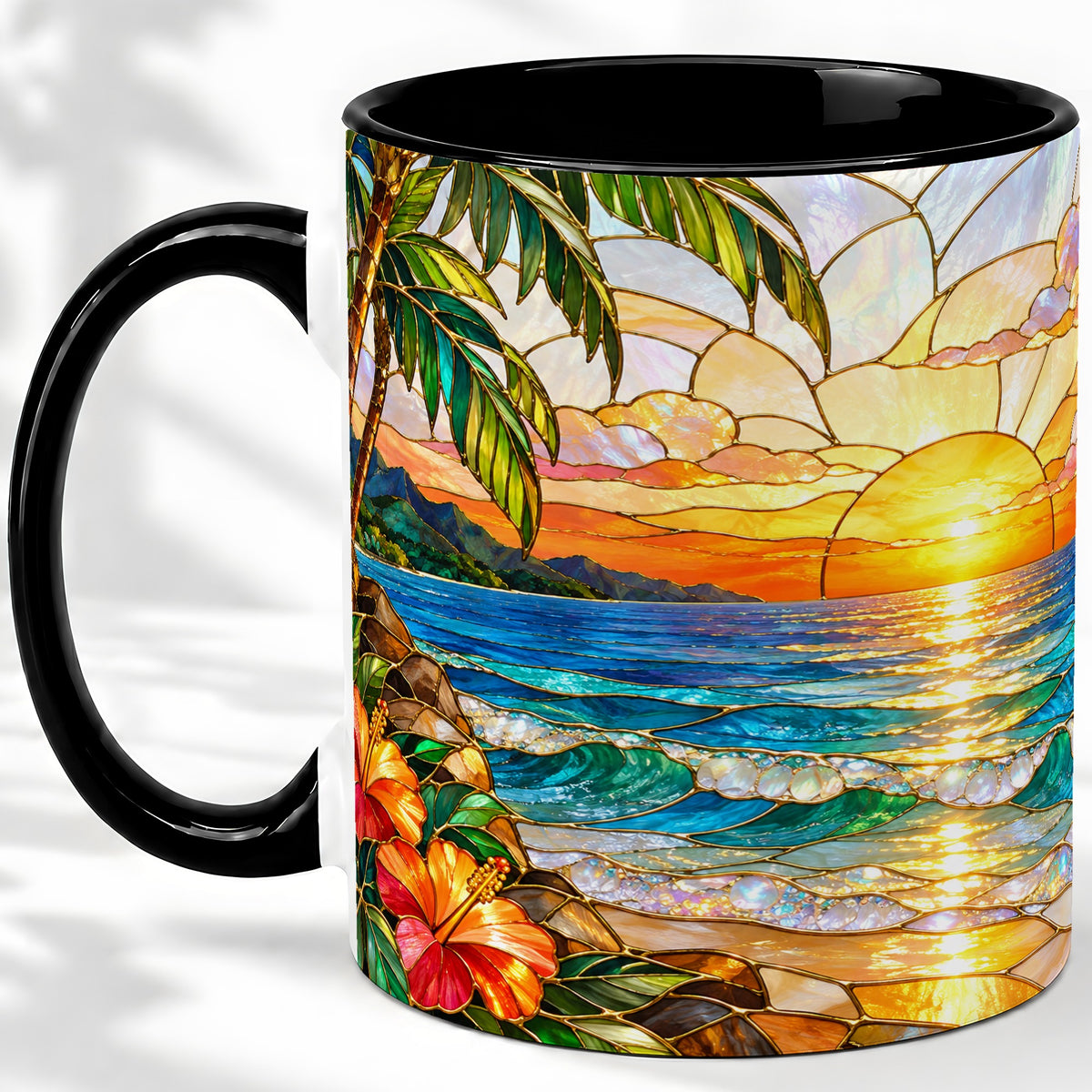 #pl[11oz|Black] Stained Glass Style Beach Sunset Accent Mug, Ceramic Mug