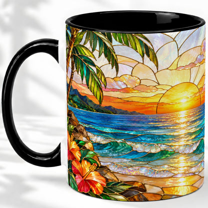 #pl[11oz|Black] Stained Glass Style Beach Sunset Accent Mug, Ceramic Mug