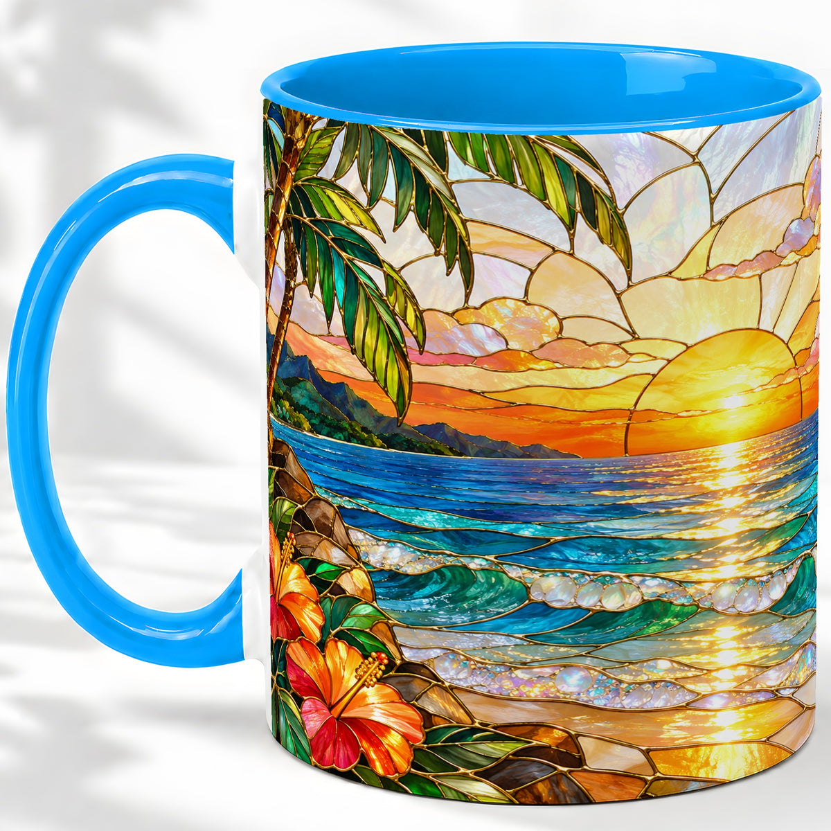 #pl[11oz|Blue] Stained Glass Style Beach Sunset Accent Mug, Ceramic Mug