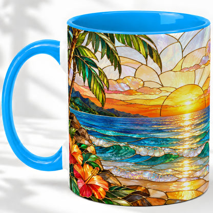#pl[11oz|Blue] Stained Glass Style Beach Sunset Accent Mug, Ceramic Mug