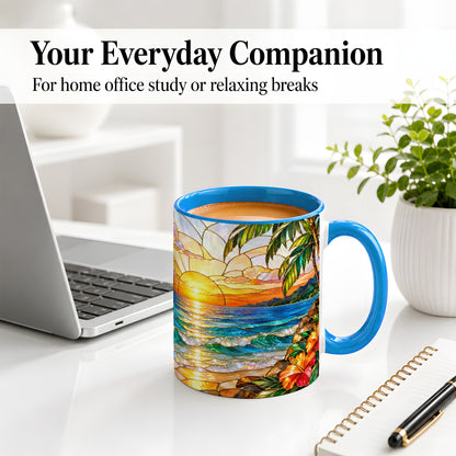 #pl[11oz|Blue] Stained Glass Style Beach Sunset Accent Mug, Ceramic Mug