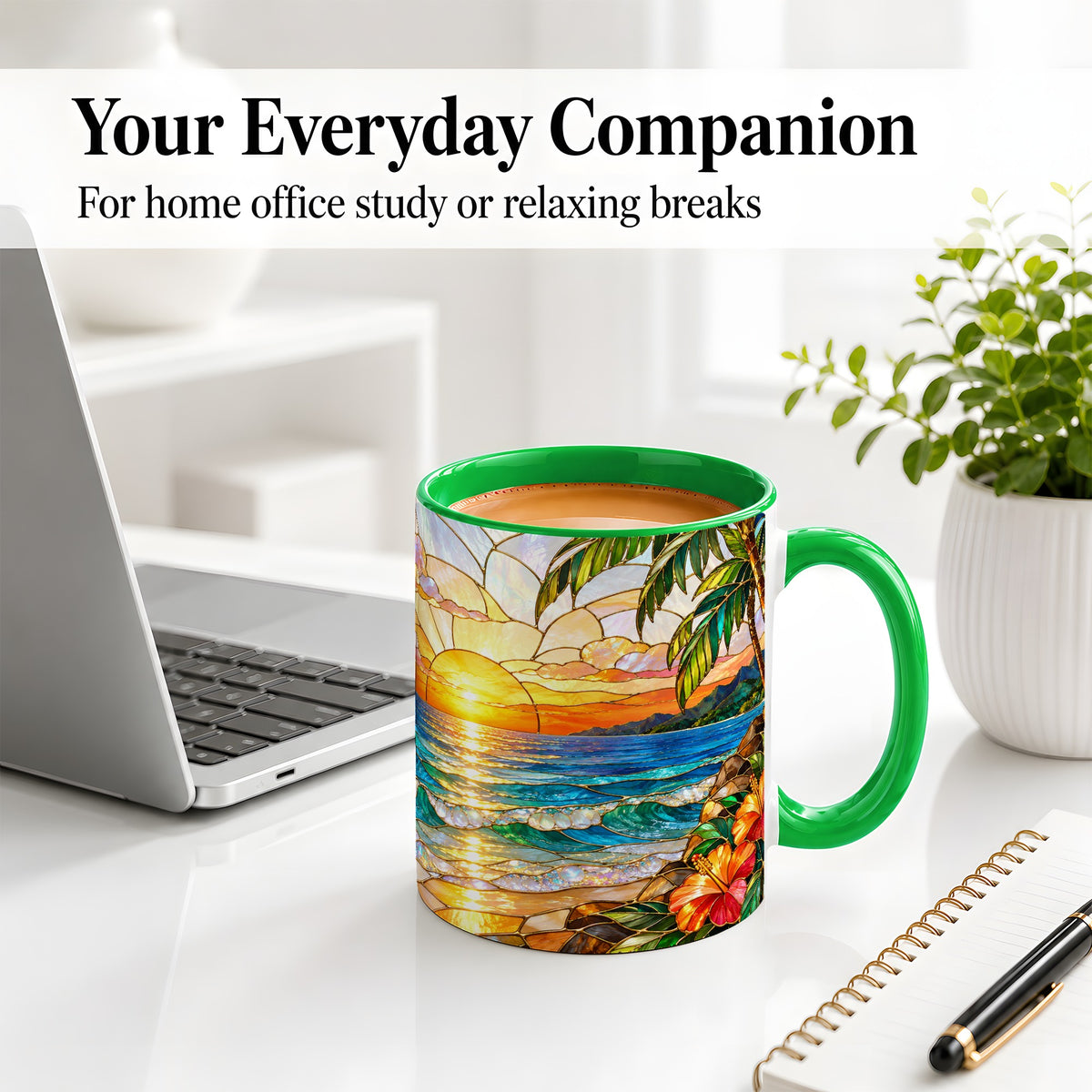 #pl[11oz|Green] Stained Glass Style Beach Sunset Accent Mug, Ceramic Mug