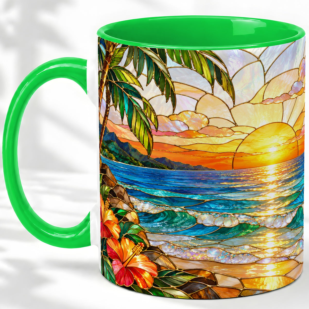 #pl[11oz|Green] Stained Glass Style Beach Sunset Accent Mug, Ceramic Mug