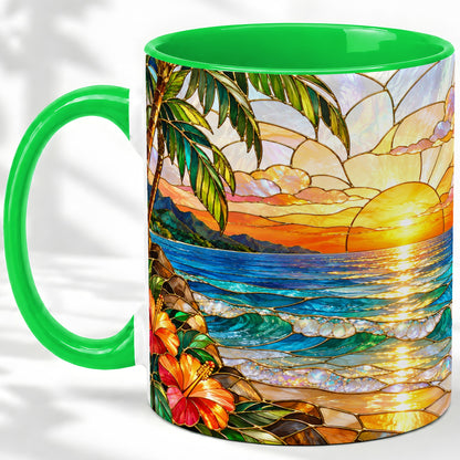 #pl[11oz|Green] Stained Glass Style Beach Sunset Accent Mug, Ceramic Mug