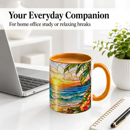 #pl[11oz|Orange] Stained Glass Style Beach Sunset Accent Mug, Ceramic Mug