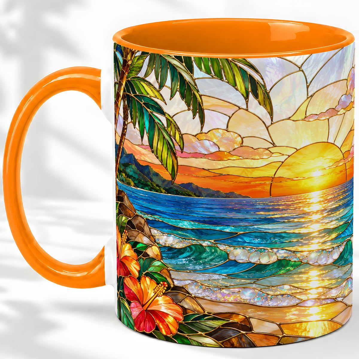 #pl[11oz|Orange] Stained Glass Style Beach Sunset Accent Mug, Ceramic Mug
