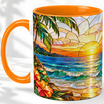 #pl[11oz|Orange] Stained Glass Style Beach Sunset Accent Mug, Ceramic Mug