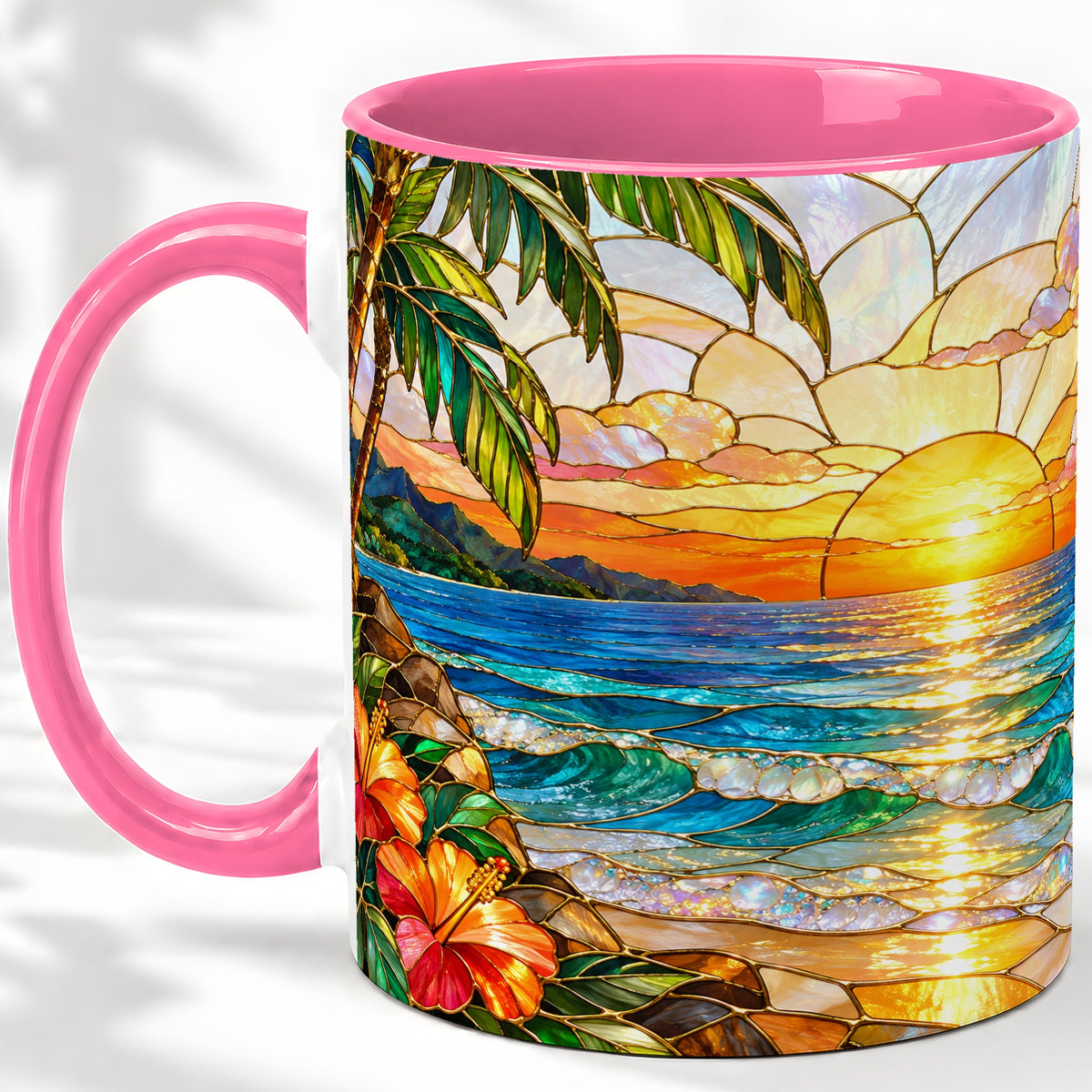 #pl[11oz|Pink] Stained Glass Style Beach Sunset Accent Mug, Ceramic Mug