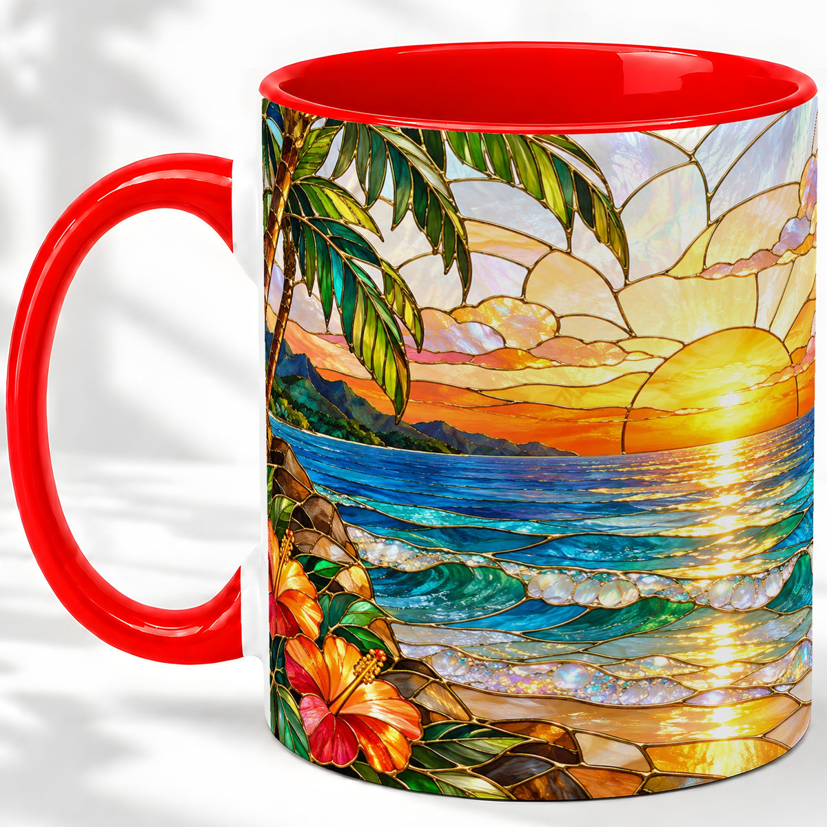 Stained Glass Style Beach Sunset Accent Mug, Ceramic Mug