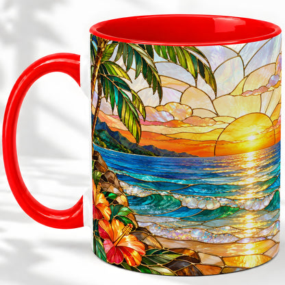 Stained Glass Style Beach Sunset Accent Mug, Ceramic Mug