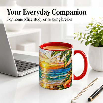 #pl[11oz|Red] Stained Glass Style Beach Sunset Accent Mug, Ceramic Mug