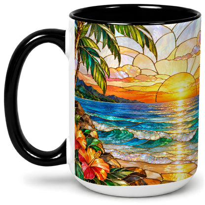 #pl[15oz|Black] Stained Glass Style Beach Sunset Accent Mug, Ceramic Mug
