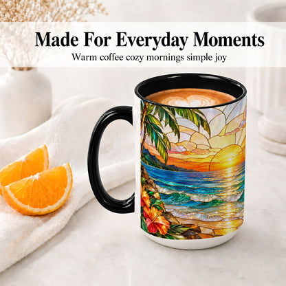 #pl[15oz|Black] Stained Glass Style Beach Sunset Accent Mug, Ceramic Mug
