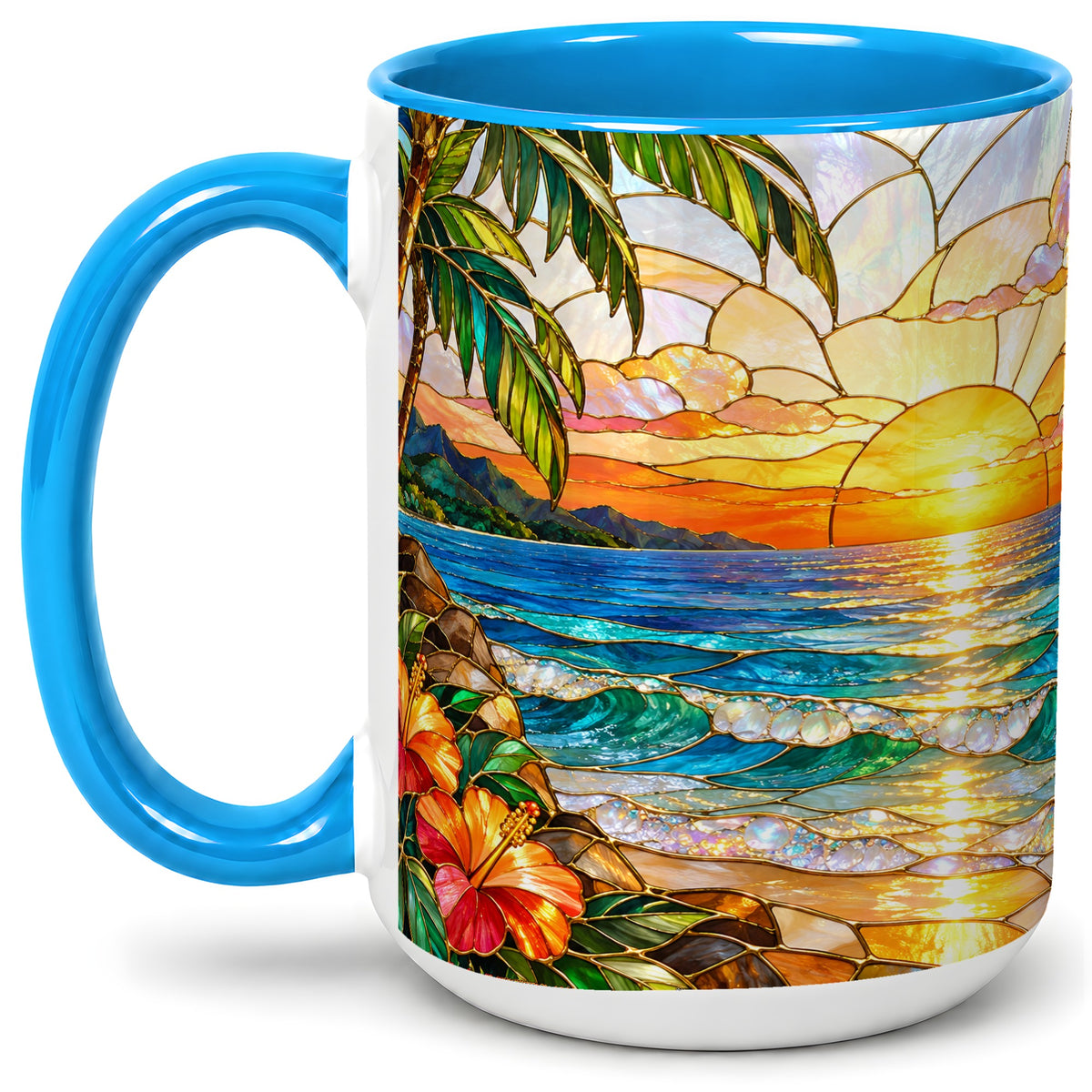 #pl[15oz|Blue] Stained Glass Style Beach Sunset Accent Mug, Ceramic Mug