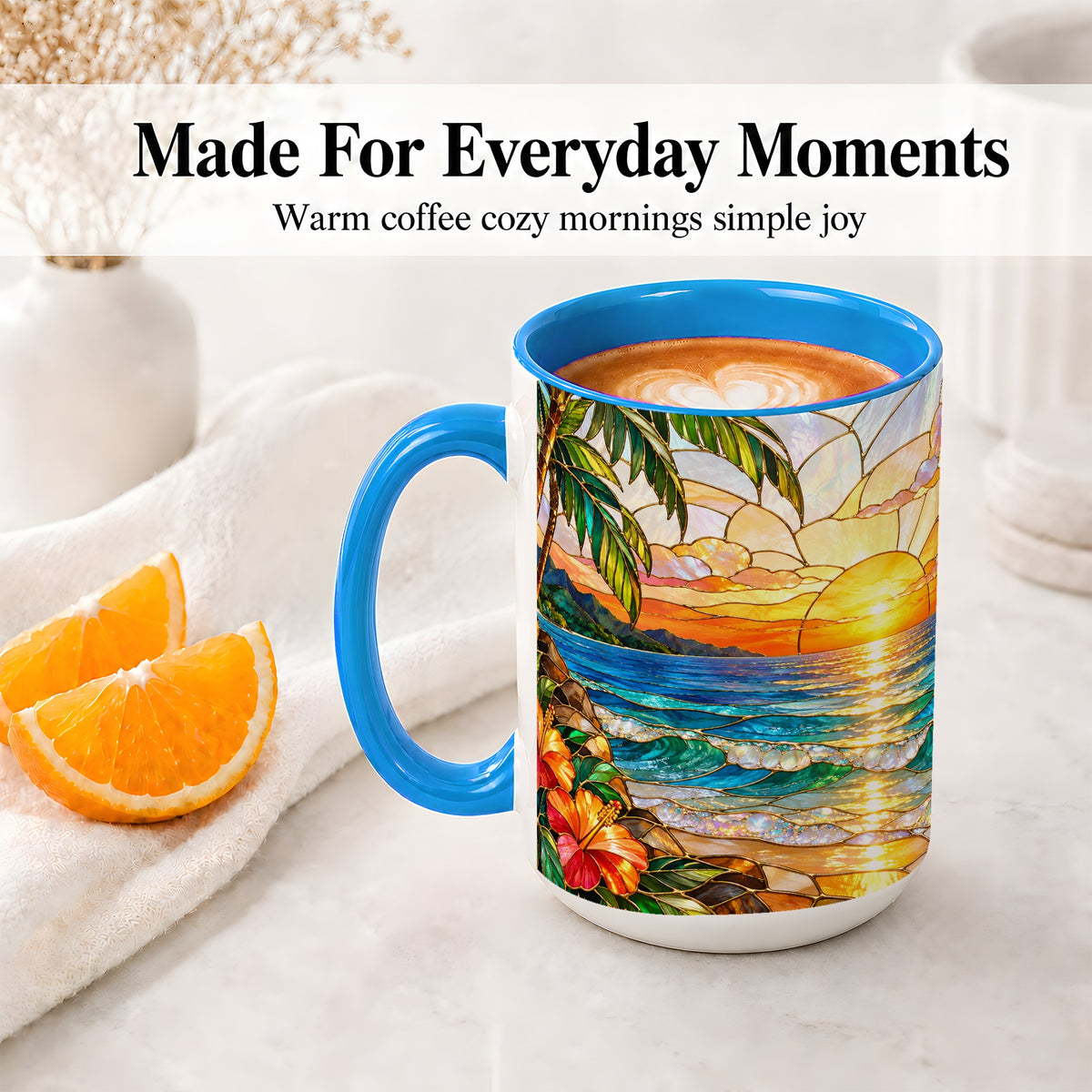 #pl[15oz|Blue] Stained Glass Style Beach Sunset Accent Mug, Ceramic Mug