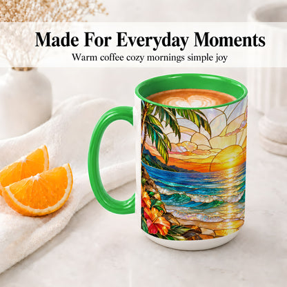 #pl[15oz|Green] Stained Glass Style Beach Sunset Accent Mug, Ceramic Mug