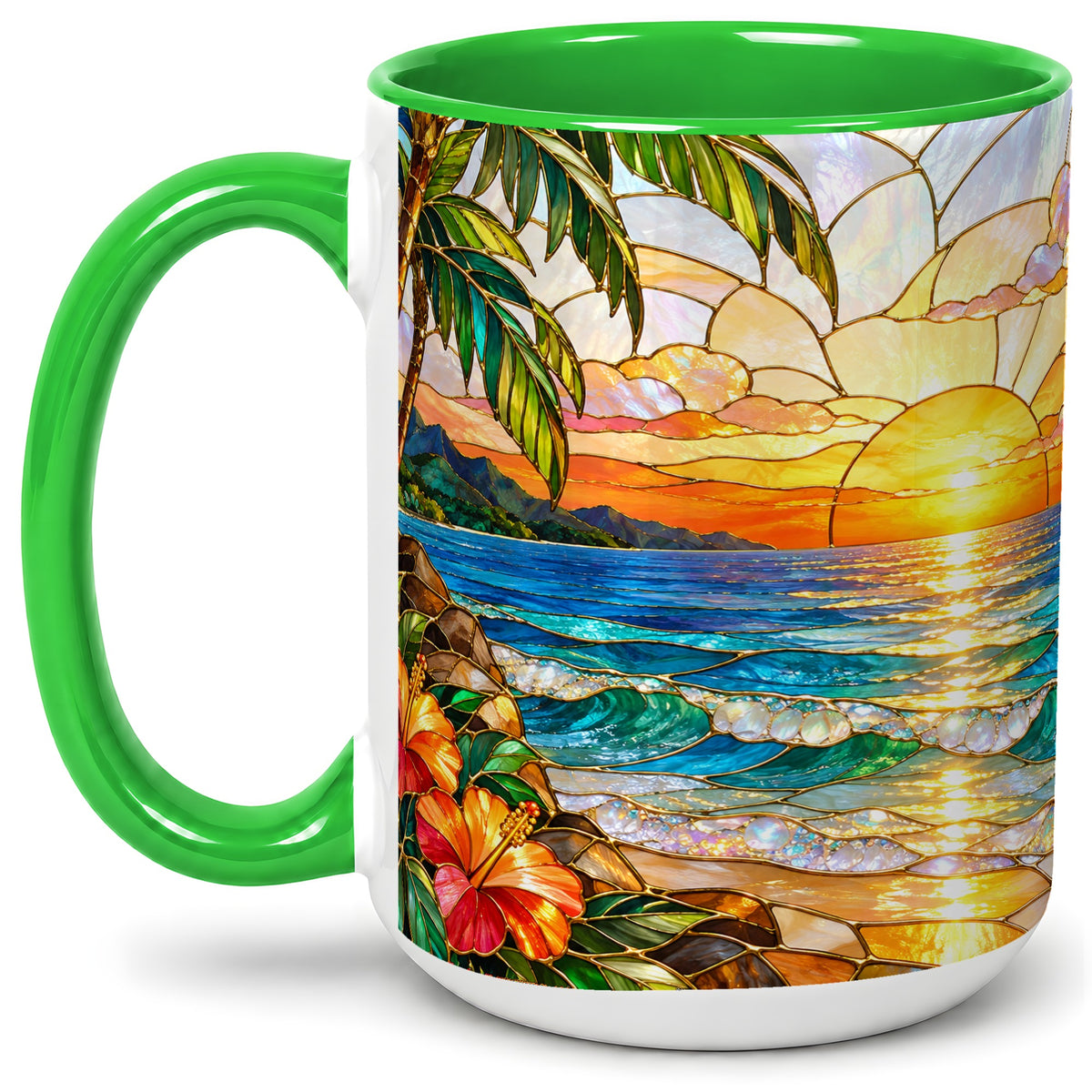#pl[15oz|Green] Stained Glass Style Beach Sunset Accent Mug, Ceramic Mug