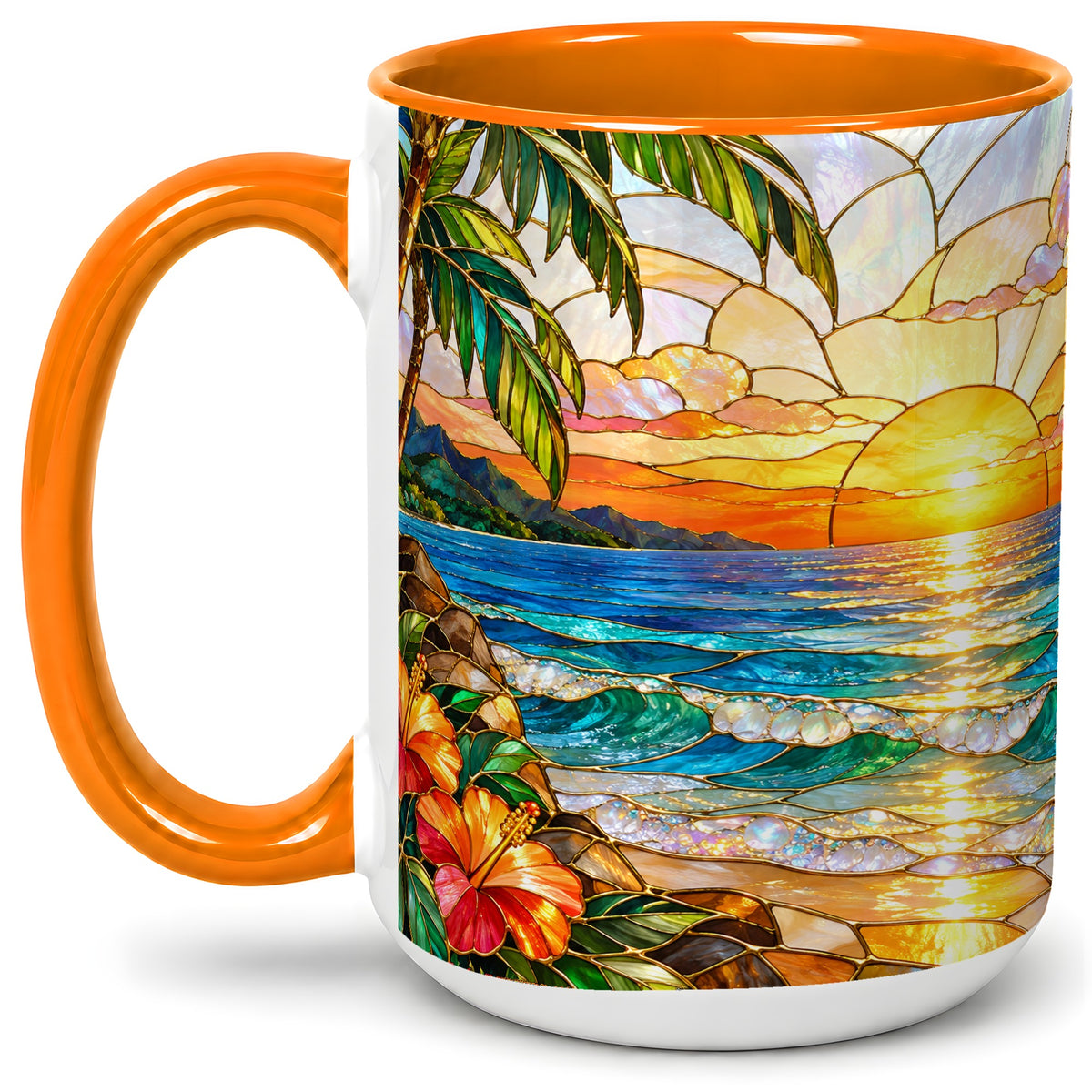 #pl[15oz|Orange] Stained Glass Style Beach Sunset Accent Mug, Ceramic Mug