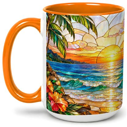 #pl[15oz|Orange] Stained Glass Style Beach Sunset Accent Mug, Ceramic Mug